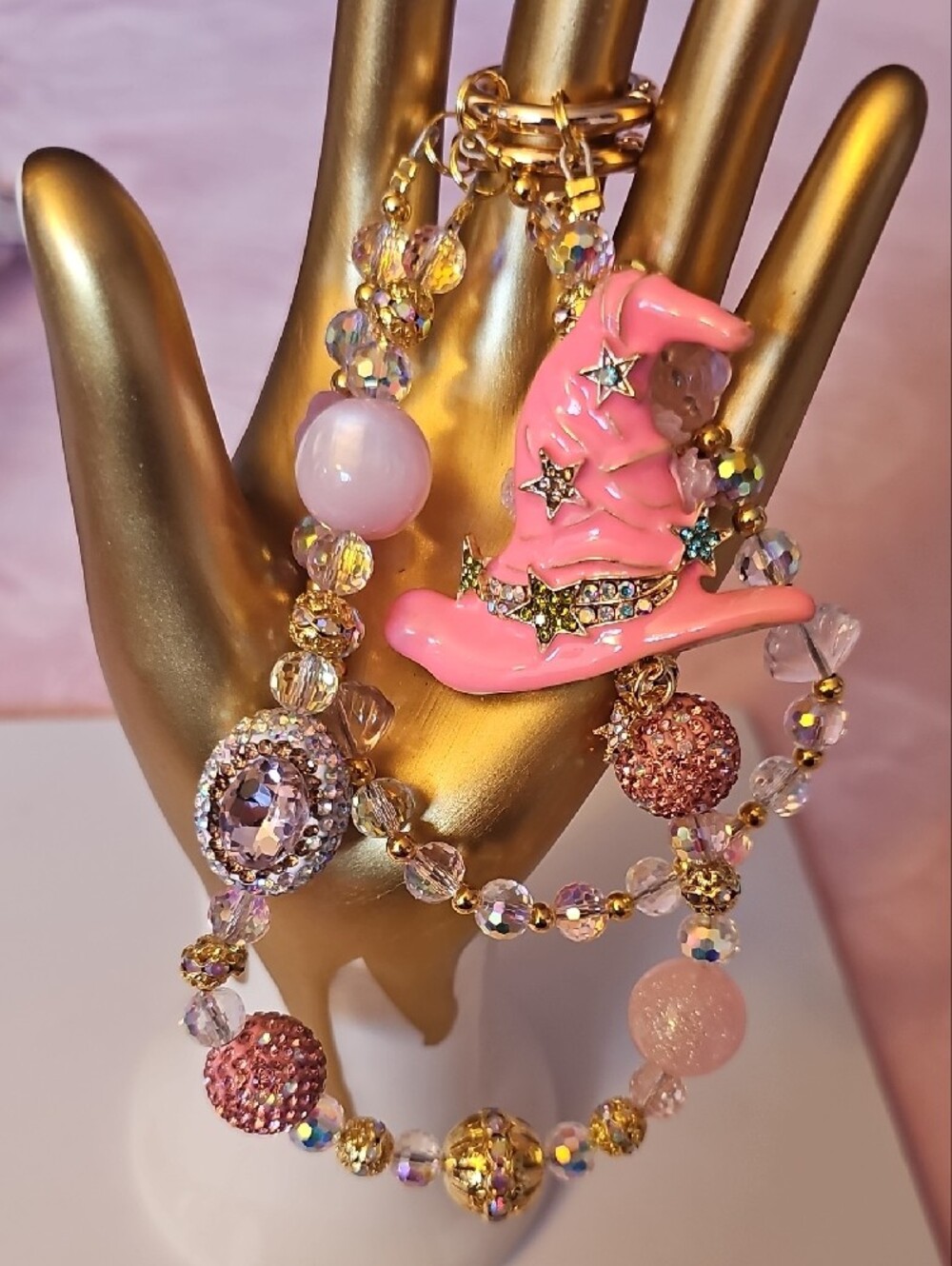 CHARMS: Pink Witch Hat Pendant Purse Charm with Crystal Stars - Picture 3 of 5